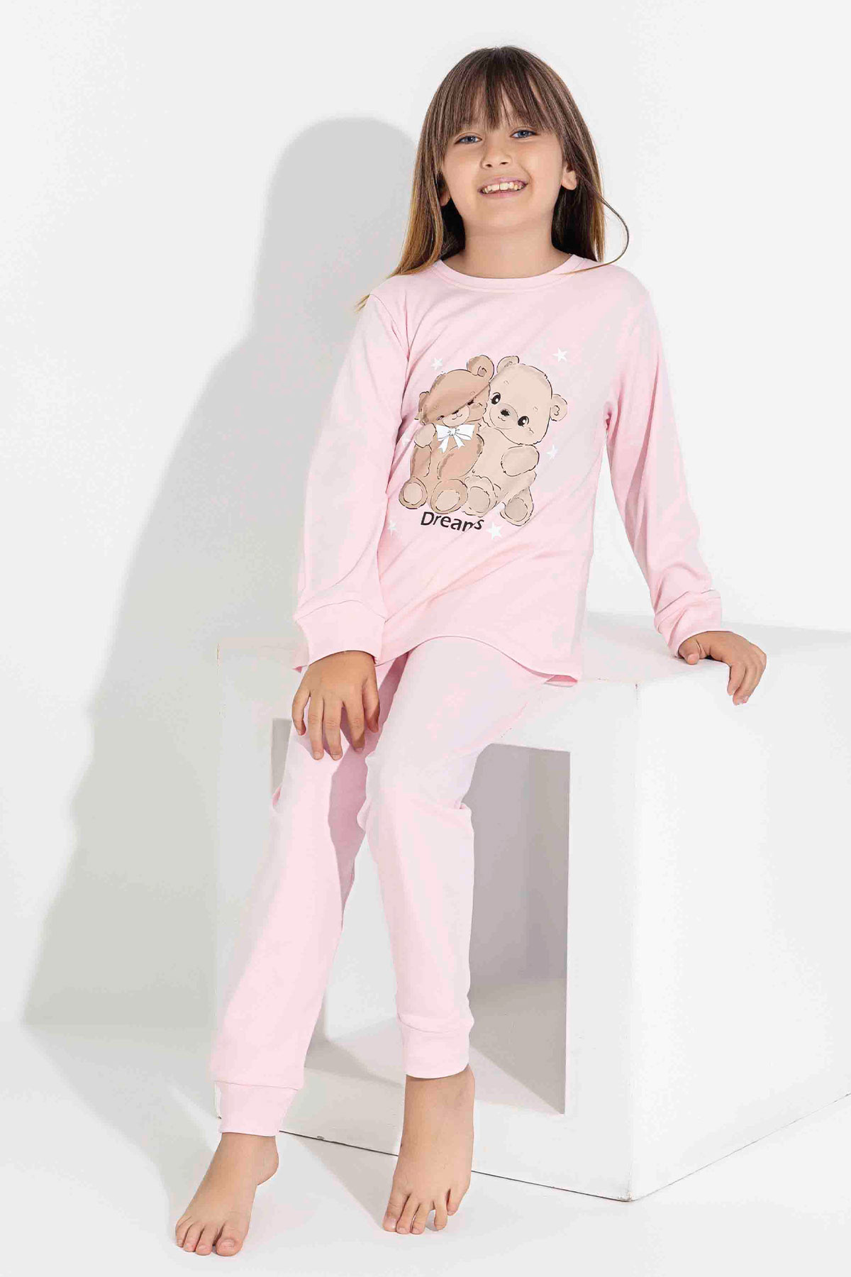 Pijamax Kız Çocuk Pijama Takımı Uzun Kollu Ayıcık Baskılı İnterlok Paça Manşetli - Pembe - Thumbnail