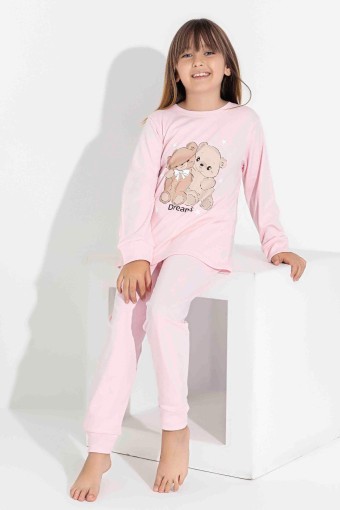 PİJAMAX - Pijamax Kız Çocuk Pijama Takımı Uzun Kollu Ayıcık Baskılı İnterlok Paça Manşetli - Pembe (1)
