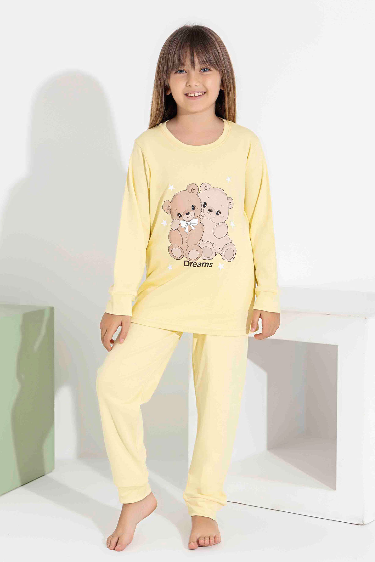 Pijamax Kız Çocuk Pijama Takımı Uzun Kollu Ayıcık Baskılı İnterlok Paça Manşetli - Sarı - Thumbnail