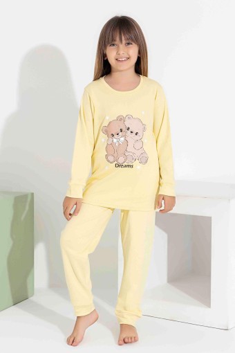 PİJAMAX - Pijamax Kız Çocuk Pijama Takımı Uzun Kollu Ayıcık Baskılı İnterlok Paça Manşetli - Sarı