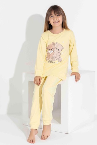 PİJAMAX - Pijamax Kız Çocuk Pijama Takımı Uzun Kollu Ayıcık Baskılı İnterlok Paça Manşetli - Sarı (1)