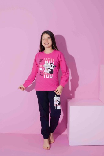PİJAMAX - Pijamax Kız Çocuk Pijama Takımı Uzun Kollu Baskılı Panda - Fuşya (1)