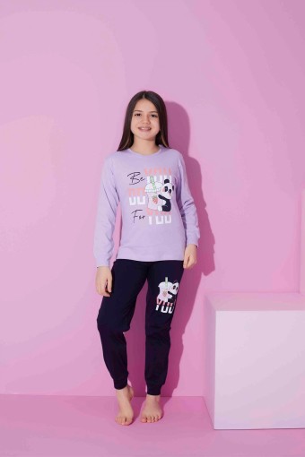 PİJAMAX - Pijamax Kız Çocuk Pijama Takımı Uzun Kollu Baskılı Panda - Lila