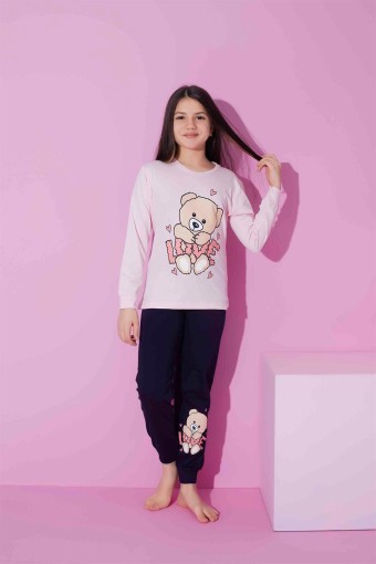 PİJAMAX - Pijamax Kız Çocuk Pijama Takımı Uzun Kollu Love Ayıcık Baskılı - Toz Pembe (1)