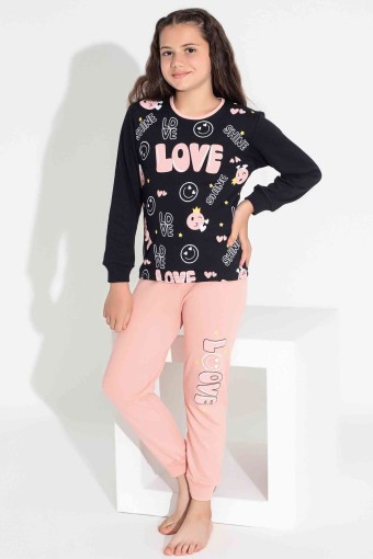 PİJAMAX - Pijamax Kız Çocuk Pijama Takımı Uzun Kollu Love Baskılı İnterlok - Somon