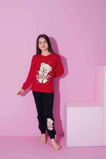 PİJAMAX - Pijamax Kız Çocuk Pijama Takımı Uzun Kollu Love Baskılı - Kırmızı (1)