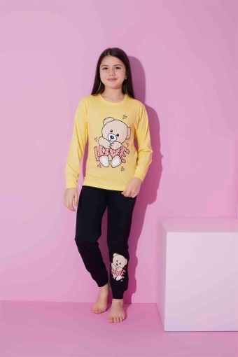 PİJAMAX - Pijamax Kız Çocuk Pijama Takımı Uzun Kollu Love Baskılı - Sarı (1)