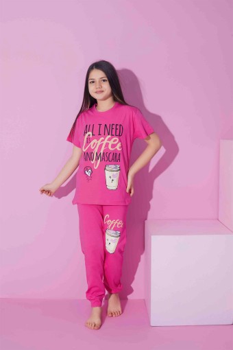 PIJAMAX - Pijamax Kız Garson Pijama Takımı Kısa Kollu Coffee Baskılı - Koyu Pembe (1)
