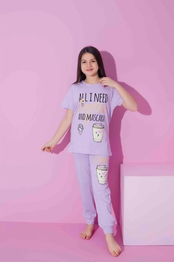 PIJAMAX - Pijamax Kız Garson Pijama Takımı Kısa Kollu Coffee Baskılı - Lila (1)