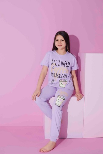 PİJAMAX - Pijamax Kız Garson Pijama Takımı Kısa Kollu Coffee Baskılı - Lila