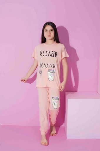PIJAMAX - Pijamax Kız Garson Pijama Takımı Kısa Kollu Coffee Baskılı - Somon (1)