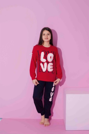 PIJAMAX - Pijamax Kız Garson Pijama Takımı Uzun Kollu Love Baskılı - Kırmızı (1)