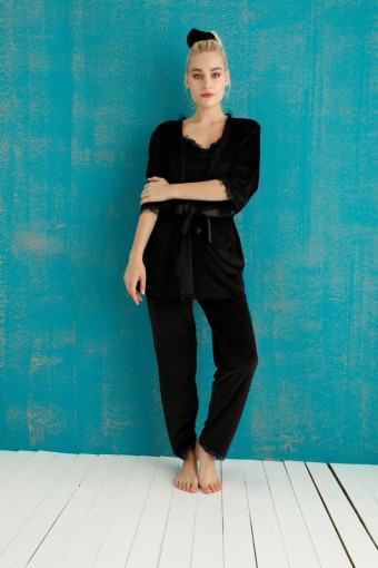 PİJAMONİ - Pijamoni Kadın 3'lü Pijama Takımı İp Askılı Dantel Detaylı Kadife - Siyah (1)