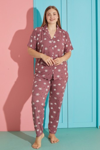 PİJAMONİ - Pijamoni Kadın Büyük Beden Gömlek Yaka Pijama Takımı Kısa Kollu Milan Kumaş Çiçekli - Gülkurusu