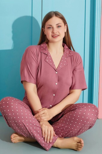 PİJAMONİ - Pijamoni Kadın Büyük Beden Gömlek Yaka Pijama Takımı Kısa Kollu Milan Kumaş - Gülkurusu