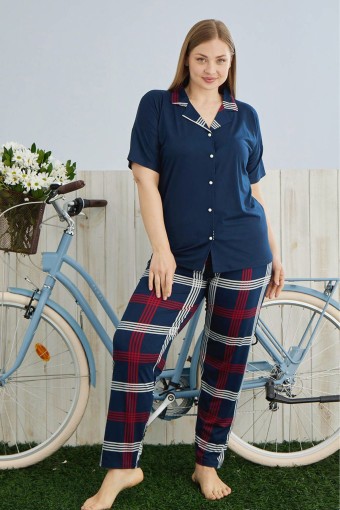 PİJAMONİ - Pijamoni Kadın Büyük Beden Gömlek Yaka Pijama Takımı Kısa Kollu Milan Kumaş - Lacivert