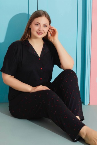 PİJAMONİ - Pijamoni Kadın Büyük Beden Gömlek Yaka Pijama Takımı Kısa Kollu Milan Kumaş - Siyah