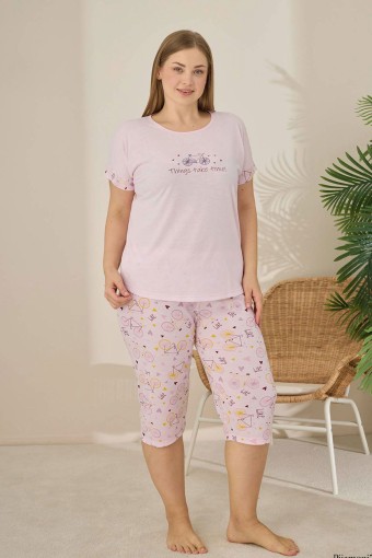 PİJAMONİ - Pijamoni Kadın Büyük Beden Kapri Takımı Kısa Kollu Bisiklet Desenli - Toz Pembe