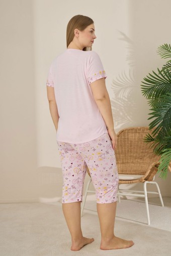 PİJAMONİ - Pijamoni Kadın Büyük Beden Kapri Takımı Kısa Kollu Bisiklet Desenli - Toz Pembe (1)