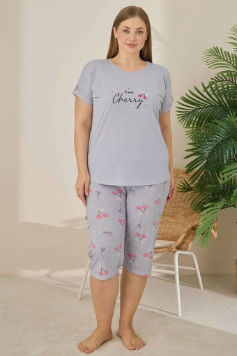 PİJAMONİ - Pijamoni Kadın Büyük Beden Kapri Takımı Kısa Kollu Desenli - Gri