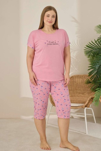 PİJAMONİ - Pijamoni Kadın Büyük Beden Kapri Takımı Kısa Kollu Desenli - Gülkurusu