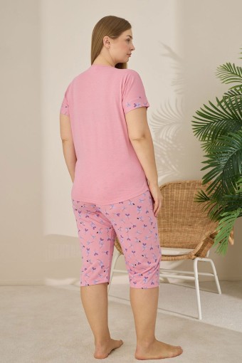 PİJAMONİ - Pijamoni Kadın Büyük Beden Kapri Takımı Kısa Kollu Desenli - Gülkurusu (1)