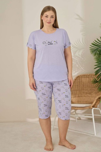 PİJAMONİ - Pijamoni Kadın Büyük Beden Kapri Takımı Kısa Kollu Desenli - Lila