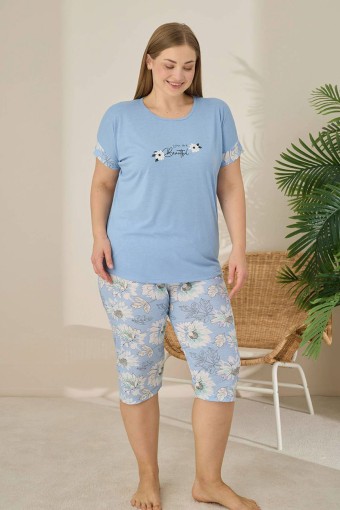 PİJAMONİ - Pijamoni Kadın Büyük Beden Kapri Takımı Kısa Kollu Desenli - Mavi