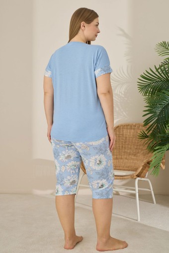 PİJAMONİ - Pijamoni Kadın Büyük Beden Kapri Takımı Kısa Kollu Desenli - Mavi (1)