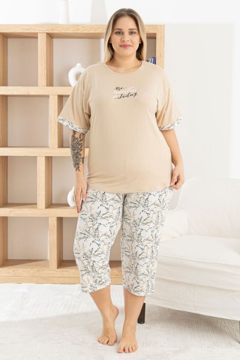 PİJAMONİ - Pijamoni Kadın Büyük Beden Kapri Takımı Kısa Kollu Desenli Milan - Bej