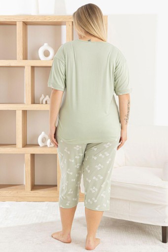 PİJAMONİ - Pijamoni Kadın Büyük Beden Kapri Takımı Kısa Kollu Desenli Milan - Çağla Yeşili (1)