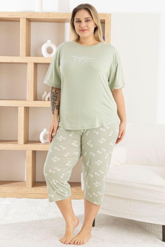 PİJAMONİ - Pijamoni Kadın Büyük Beden Kapri Takımı Kısa Kollu Desenli Milan - Çağla Yeşili