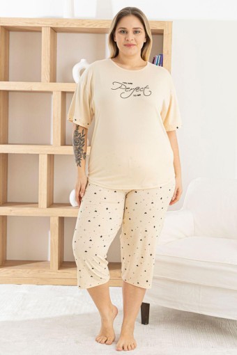 PİJAMONİ - Pijamoni Kadın Büyük Beden Kapri Takımı Kısa Kollu Desenli Milan - Ekru