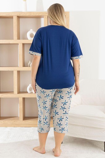 PİJAMONİ - Pijamoni Kadın Büyük Beden Kapri Takımı Kısa Kollu Desenli Milan - Lacivert (1)