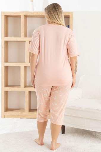 PİJAMONİ - Pijamoni Kadın Büyük Beden Kapri Takımı Kısa Kollu Desenli Milan - Somon (1)