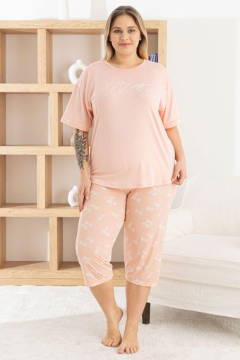 PİJAMONİ - Pijamoni Kadın Büyük Beden Kapri Takımı Kısa Kollu Desenli Milan - Somon