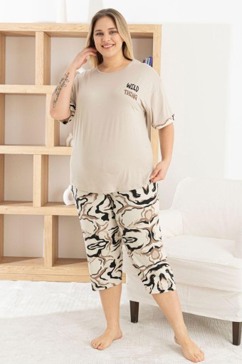 PİJAMONİ - Pijamoni Kadın Büyük Beden Kapri Takımı Kısa Kollu Desenli Milan - Vizon