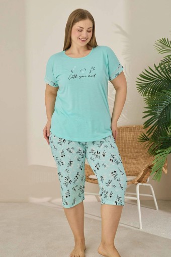 PİJAMONİ - Pijamoni Kadın Büyük Beden Kapri Takımı Kısa Kollu Desenli - Mint Yeşili