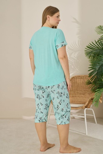 PİJAMONİ - Pijamoni Kadın Büyük Beden Kapri Takımı Kısa Kollu Desenli - Mint Yeşili (1)