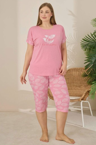PİJAMONİ - Pijamoni Kadın Büyük Beden Kapri Takımı Kısa Kollu Desenli - Pembe