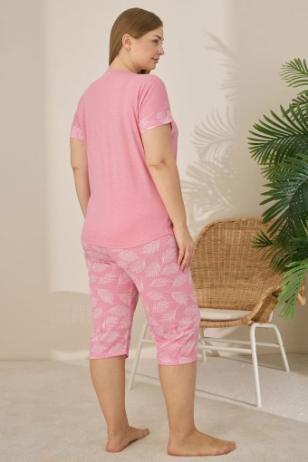 PİJAMONİ - Pijamoni Kadın Büyük Beden Kapri Takımı Kısa Kollu Desenli - Pembe (1)