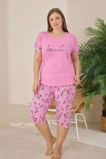PİJAMONİ - Pijamoni Kadın Büyük Beden Kapri Takımı Kısa Kollu Desenli - Pembe