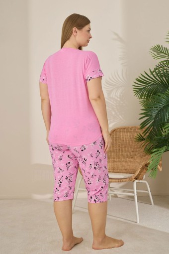 PİJAMONİ - Pijamoni Kadın Büyük Beden Kapri Takımı Kısa Kollu Desenli - Pembe (1)