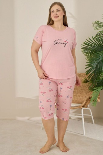 PİJAMONİ - Pijamoni Kadın Büyük Beden Kapri Takımı Kısa Kollu Desenli - Pembe