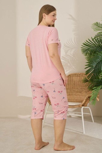 PİJAMONİ - Pijamoni Kadın Büyük Beden Kapri Takımı Kısa Kollu Desenli - Pembe (1)