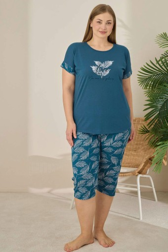 PİJAMONİ - Pijamoni Kadın Büyük Beden Kapri Takımı Kısa Kollu Desenli - Petrol Yeşili