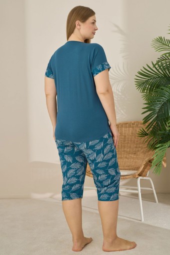 PİJAMONİ - Pijamoni Kadın Büyük Beden Kapri Takımı Kısa Kollu Desenli - Petrol Yeşili (1)