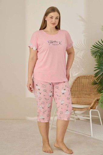 PİJAMONİ - Pijamoni Kadın Büyük Beden Kapri Takımı Kısa Kollu Desenli - Pudra