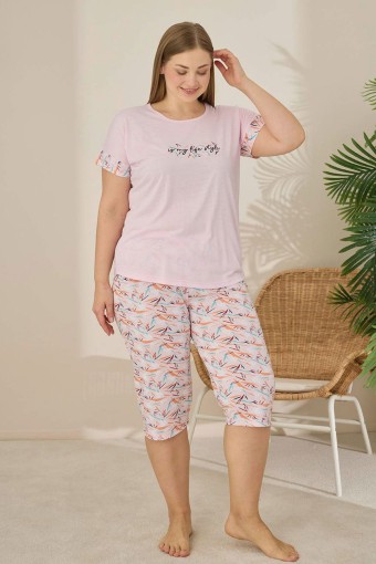 PİJAMONİ - Pijamoni Kadın Büyük Beden Kapri Takımı Kısa Kollu Desenli - Toz Pembe