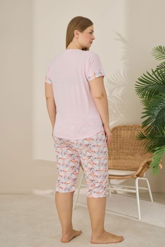 PİJAMONİ - Pijamoni Kadın Büyük Beden Kapri Takımı Kısa Kollu Desenli - Toz Pembe (1)